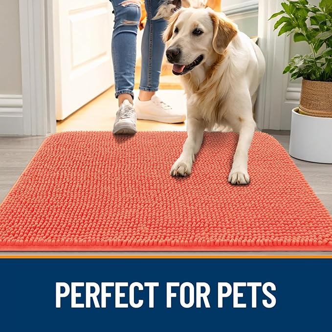 OLANLY Dog Door Mat for Muddy Paws 59x35, Absorbs Moisture and Dirt, Absorbent Non-Slip Washable Doormat, Quick Dry Chenille Mud Mat for Dogs, Entry Indoor Entryway Carpet for Inside Floor, Coral