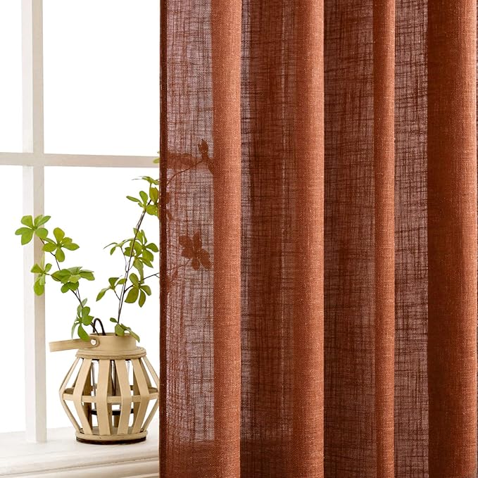 MIULEE Burnt Orange Linen Curtains 84 Inch Length for Bedroom Living Room, Soft Thick Linen Textured Window Drapes Terracotta Rust Boho Fall Decor Semi Sheer Light Filtering Back Tab 2 Panels