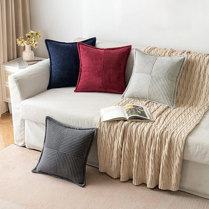 MIULEE Decorative Throw Pillow Covers for Couch Bed Livingroom 20x20 Inch Set of 2 Light Grey Boho Accent Throw Pllows Broadside Striped Patchwork Soft Corduroy Pillowcases