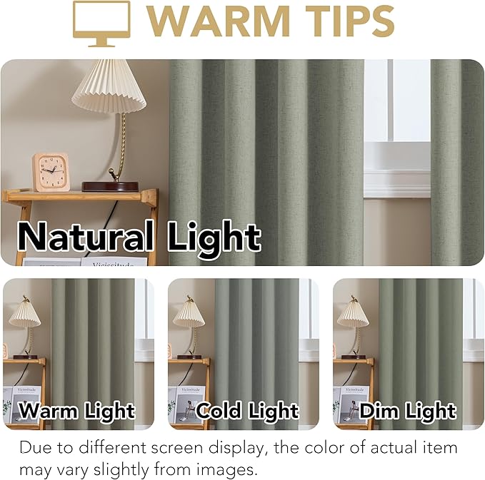 H.VERSAILTEX Linen Curtains 100% Blackout Curtains for Bedroom 108 inch Long Full Light Blocking Nature Linen Blended Window Curtains for Living Room Nickel Grommet (2 Panels, Heathered Dried Sage)