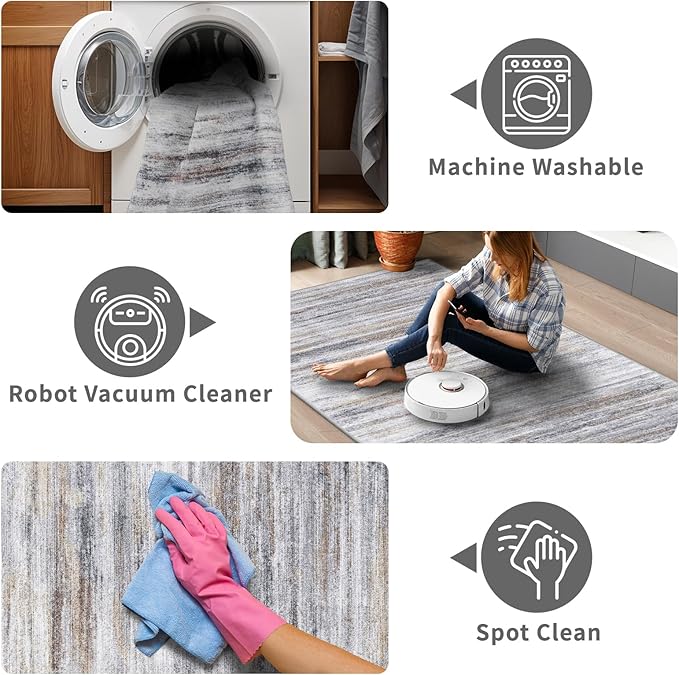 3x9 Washable Runner Rug for Family: Easy-to-Clean Runners for Hallway Entryway Kitchen Bedroom - Stain and Water Resistant Rugs with Non-Slip Backing - Soft Low-Pile Carpet Beige Grey