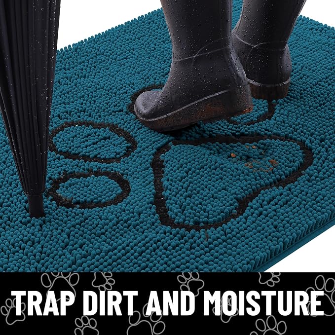 Smiry Dog Door Mat for Muddy Paws, Absorbent Dirt Trapper Non Slip Quick Dry Washable Chenille Mat for Mud Dogs, Entry Rug for Indoor and Outdoor (36x24 Inches, Atlantic Blue and Black)