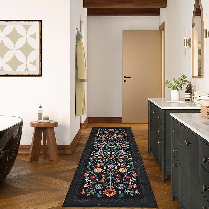 GarveeHome Floral Rug 2.5x8 Runners for Hallways, Boho Kitchen Runner Rugs Non Slip Bath Runners, Vintage Washable Runner Rug for Bedroom, Soft Long Rugs for Entryway Bathroom Laundry Dorm, Black