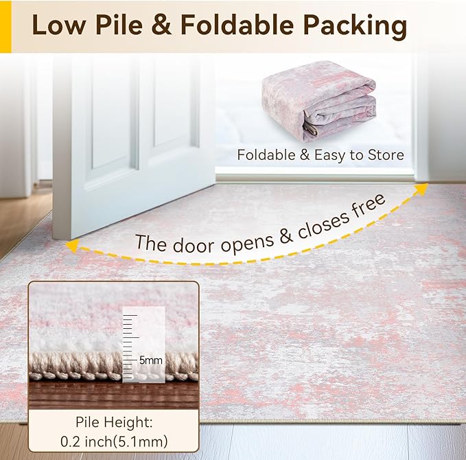 Washable Area Rugs 5'x8' Non-Slip Modern Abstract Soft for Living Room Entryway Bedroom Nursery, Print Pattern, Grey Pink