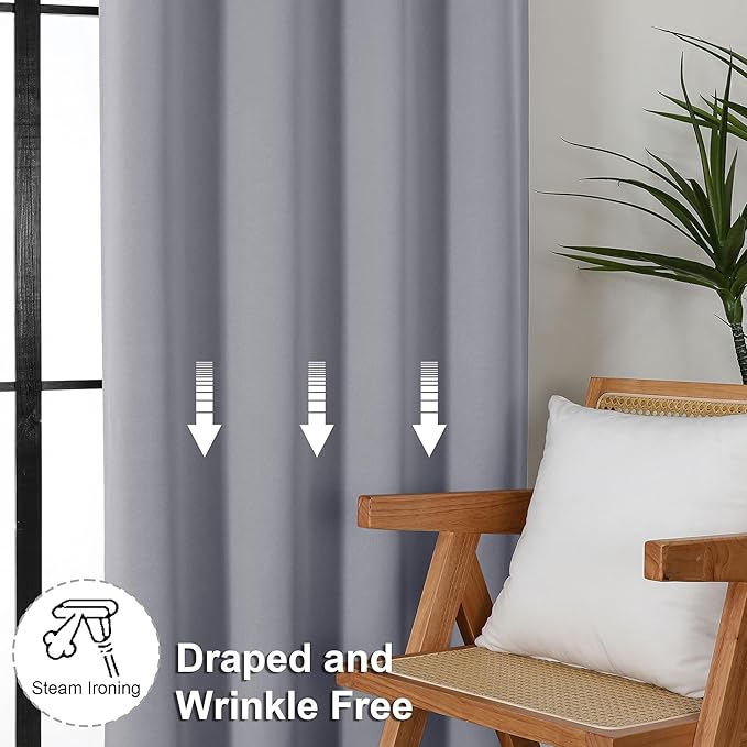 Simplebrand Ava Silver Grey Blackout Curtains for Bedroom 63 Inch Length 2 Panels, Solid Thermal Insulated Energy Saving Rod Pocket Window Treatment Curtains Blackout Drapes, W40 x L63 Inch, Silver