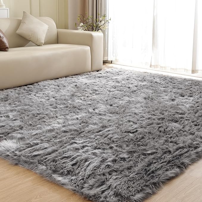 ORINOVA Shag Washable Area Rugs 8x10 Grey Fluffy Rug for Living Room Large Faux Sheepskin Shaggy Fur Area Rugs for Bedroom Nursery Rectangle Rug
