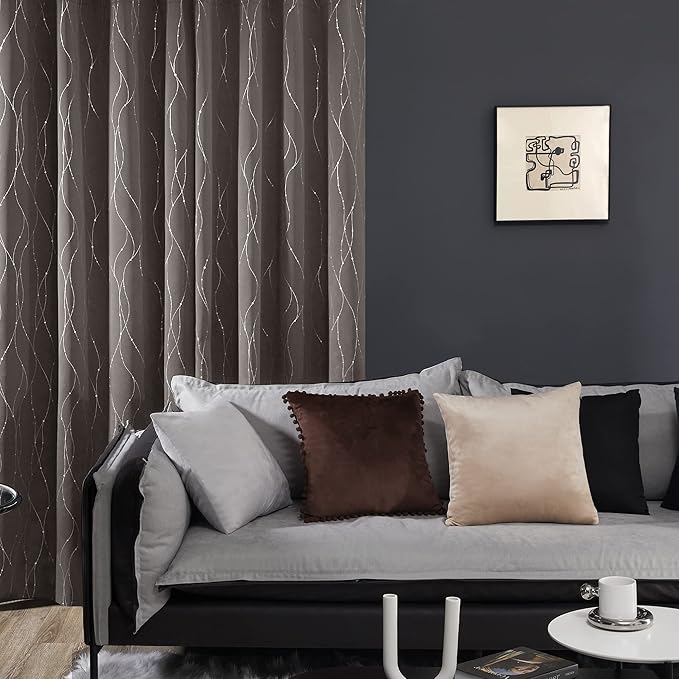 Deconovo Blackout Curtains, Thermal Insulated Soundproof Grommet Drapes, Wave Dots Silver Print, 52 x 63 Inch, Set of 2, Machine Washable Window Panel for Kitchen Bedroom Living Room Nursery, Taupe