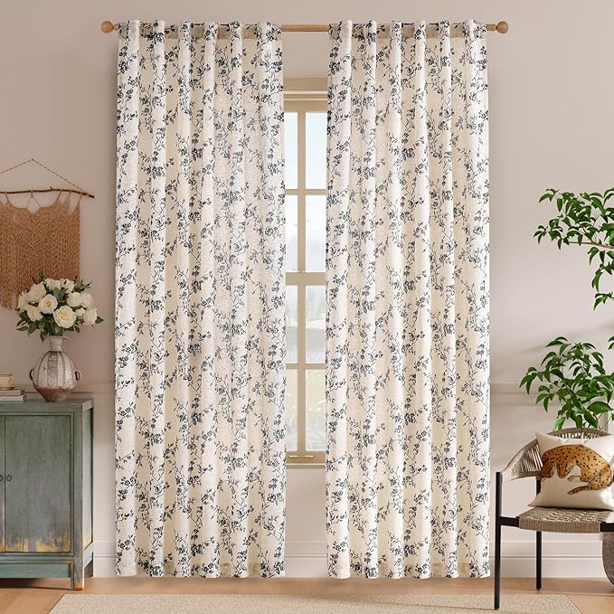 Lazzzy Farmhouse Linen Curtains Black Floral Curtains 84 Inch Length Back Tab Drapes for Living Room Bedroom Light Filtering Country Vintage Rod Pocket, 2 Panels, Black on Beige