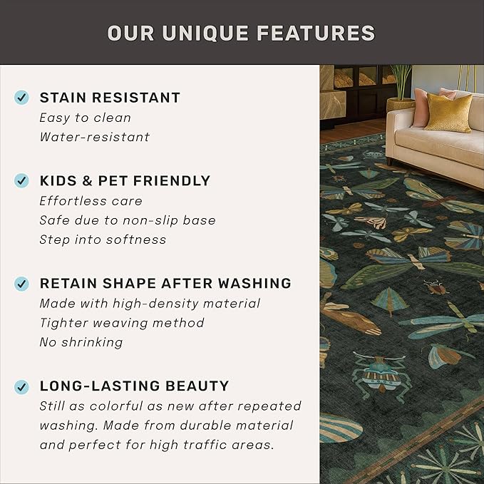 2x10 10ft Long Hallway Rug Runner - Washable Boho Rug for Entryway Idoor Non Slip, Dark Green Forest Butterfly Vintage Carpet, Low Pile & Soft Stain Resistant Indoor Décor