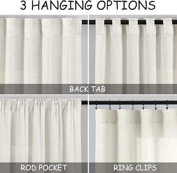 Cream Linen Curtains 84 inches Long for Bedroom Back Tab Light Filtering Privacy Sheer Curtains Modern Farmhouse Decor for Living Room Dinning Room Cotton Textured Gauze Curtain 2 Panel Set 36x84