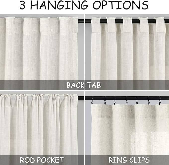 Nanspring Cream Cafe Curtains 54 Inch Length Set 2 Panel Back Tab Pocket Semi Sheer Short Linen Cream Curtain Tiers for Small Bathroom Window Basement 38x54