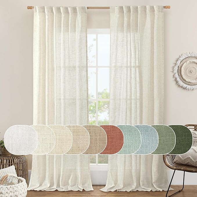 LAMIT Linen Semi Sheer Curtains 96 inch Length 2 Panels Set, Cream Ivory Light Filtering Panels Back Tab and Rod Pocket Floor to Ceiling Curtains for Bedroom/Living Room, Natural, 52 x 96 Inch