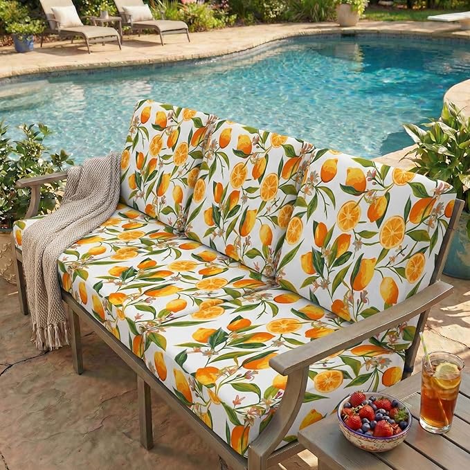 hyha Printed Couch Cushion Covers, Floral Sofa Covers Washable for 3 Cushion Couch, Stretch Pattern Outdoor Cushion Covers for Patio Furniture with Elastic Bottom(3 Packs, Lemon)