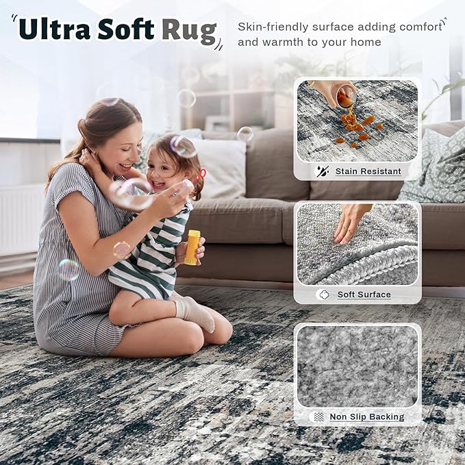 XLUEZ 8x10 Area Rugs for Living Room, Washable Modern Abstract Large Area Rug Neutral Soft Non Slip Kids Rug Stain Resistant Indoor Carpet for Bedroom Nursery Dining Room Playroom(BlackGrey, 8'x10')