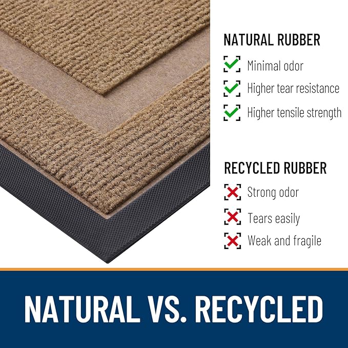 OLANLY Front Door Mat Indoor Outdoor Entrance, Waterproof All-Season, All-Weather Doormat, Sturdy Natural Rubber, Fade Resistant, Low Profile, Easy Clean Patio Porch Entryway Mat, 59x35, Light Brown
