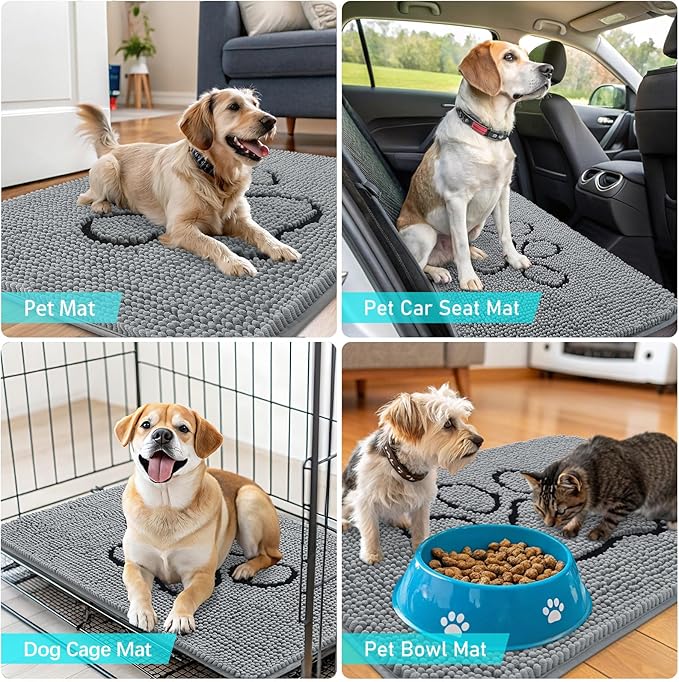 OLANLY Dog Door Mat for Muddy Paws 34x21, Paw Print Design, Absorbs Moisture and Dirt, Absorbent Non-Slip Washable Doormat, Quick Dry Chenille Mud Mat for Dogs, Entry Indoor Entryway Carpet, Grey