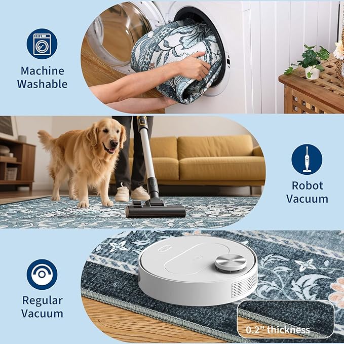 GarveeHome Provence Misty Blue 2.5 x 8 Washable Kitchen Runner Rugs Non Slip Vintage Boho Cottage Long Rug for Hallways Bedroom Entryway Bathroom Mat with Rubber Back