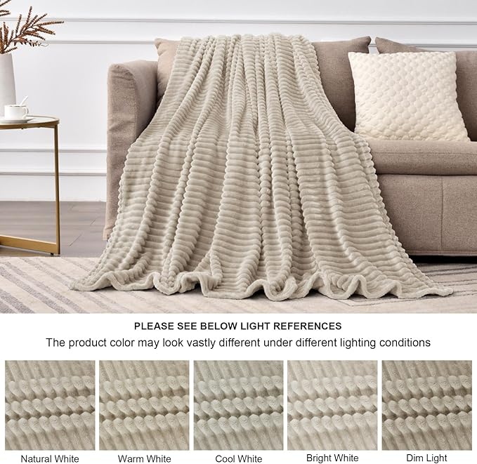 BEDELITE Fleece Blanket Twin Size – 3D Ribbed Jacquard Soft and Warm Decorative Fuzzy Blankets – Cozy, Fluffy, Plush Lightweight Throw Blankets for Couch, Bed, Sofa(Linen, 60x80 inches)