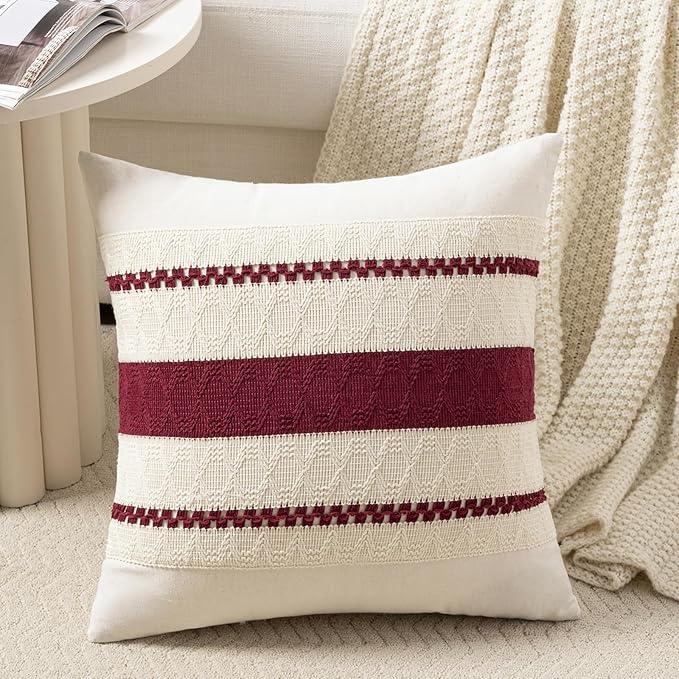 Fancy Homi Set of 1 Burgundy Boho Decorative Throw Pillow Covers 18x18 Inch for Couch Bed Sofa, Aesthetic Modern Farmhouse Christmas Room Decor, Soft Cotton Cute Textured Wind Red Cushion Case
