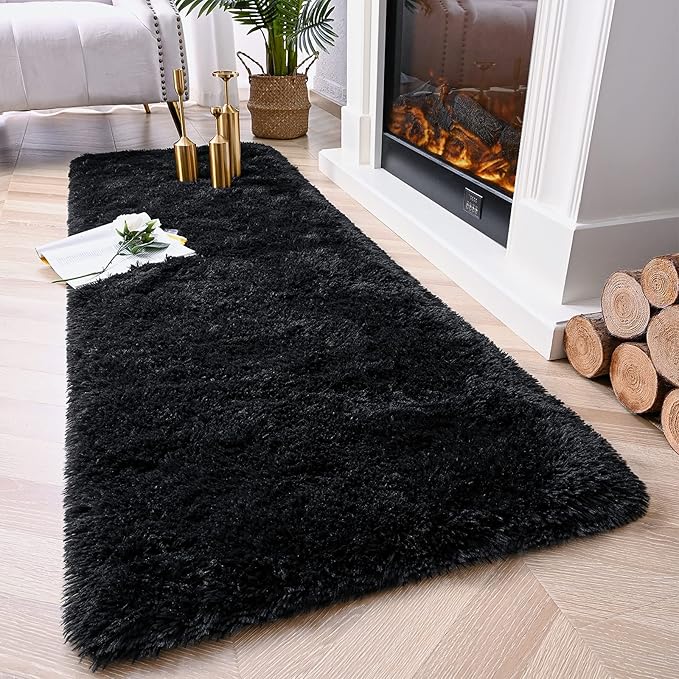 Chicrug Soft 2x10 Runner Rug for Bedroom Living Room Plush Fluffy Rug, Shag Furry Hallway Runner Carpet Rug Non Shedding for Nursery Children Kids Girls Room Home Decorative, Black
