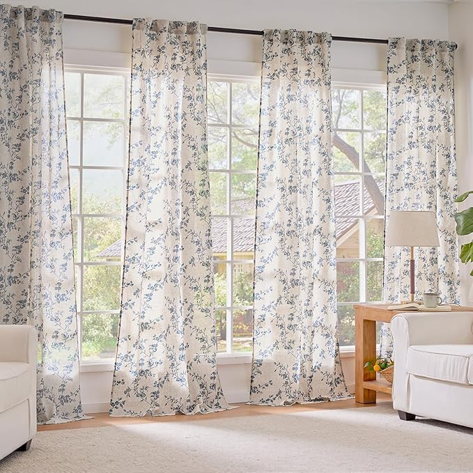 Lazzzy Farmhouse Linen Curtains Extra Long Blue Floral Curtains 108 Inch Long Back Tab Drapes for Living Room Bedroom Light Filtering Country Vintage Rod Pocket, 2 Panels, Blue on Beige