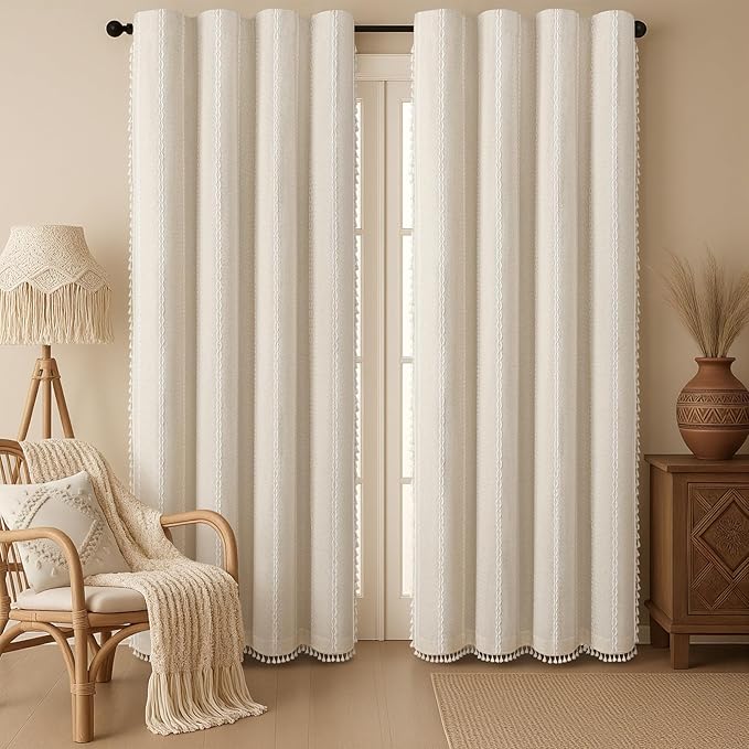 Boho Blackout Curtains 2 Panels 84 Inch for Living Room Bedroom, Beige Linen Texture Farmhouse Curtains with Tassels and Cotton Embroidery Vintage Rustic Western Rod Pocket