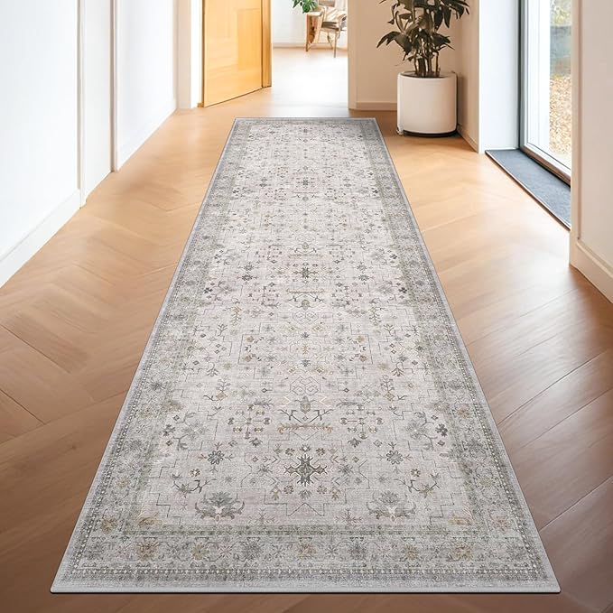 Hazo Haus Floral 3x8 Wide Hallway Runner - Light Gray with Taupe Accent, Boho Eclectic Decor, Washable Low Pile Non Slip Stain Resistant Rug for Long Kitchen, Large Bathroom, Hall Way