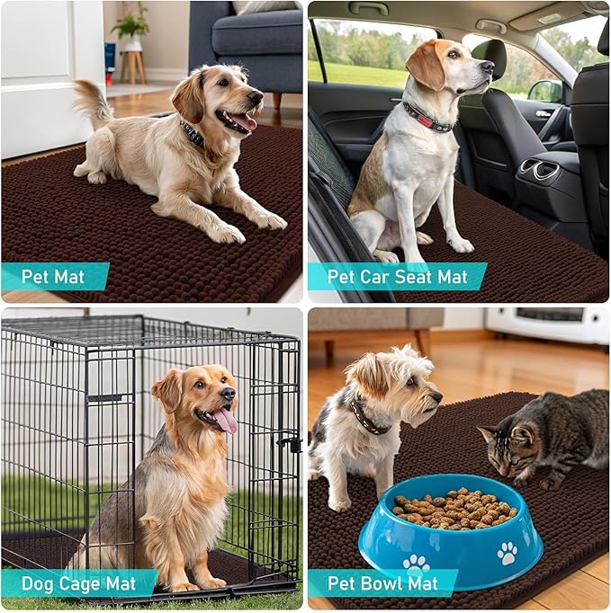 OLANLY Dog Door Mat for Muddy Paws 30x20, Absorbs Moisture and Dirt, Absorbent Non-Slip Washable Doormat, Quick Dry Chenille Mud Mat for Dogs, Entry Indoor Entryway Carpet for Inside Floor, Brown