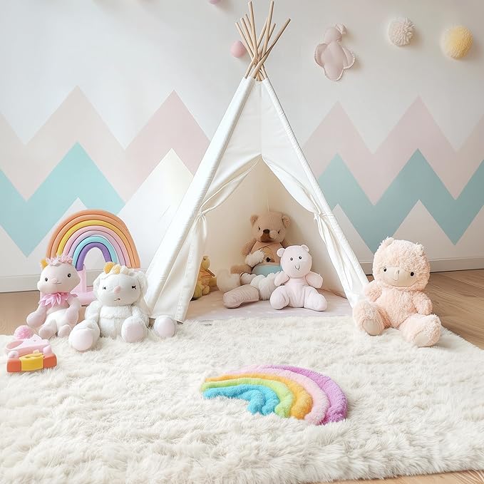 OLANLY 4x5 Machine Washable Accent Rug, Soft Fluffy Shaggy Area Rug for Bedroom, Living Room, Indoor Floor Carpet for Kids, Nursery, Home Decor, Ivory