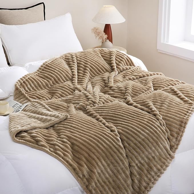 Tan Fleece Throw Blanket 108”×90” for Couch Sofa Bed,Super Soft Cozy Plush Microfiber Flannel Blanket with Stripes Design Lightweight for Adults,Woman,Girls
