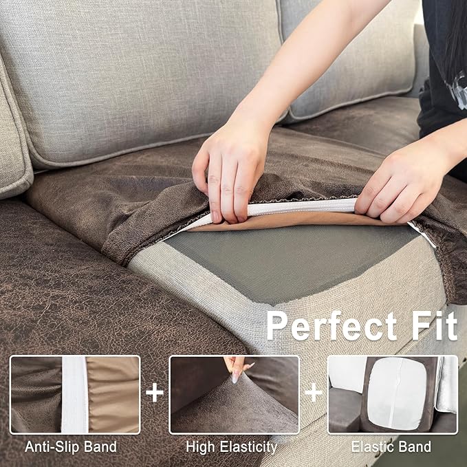 Leather Look Couch Cushion Covers Sofa Seat Slipcovers Sets Couches Furniture Protector for Sectional Armchair Loveseat Pets Kids Stretch Spandex Fabric (1 Cushion Sofa, Light Brown)