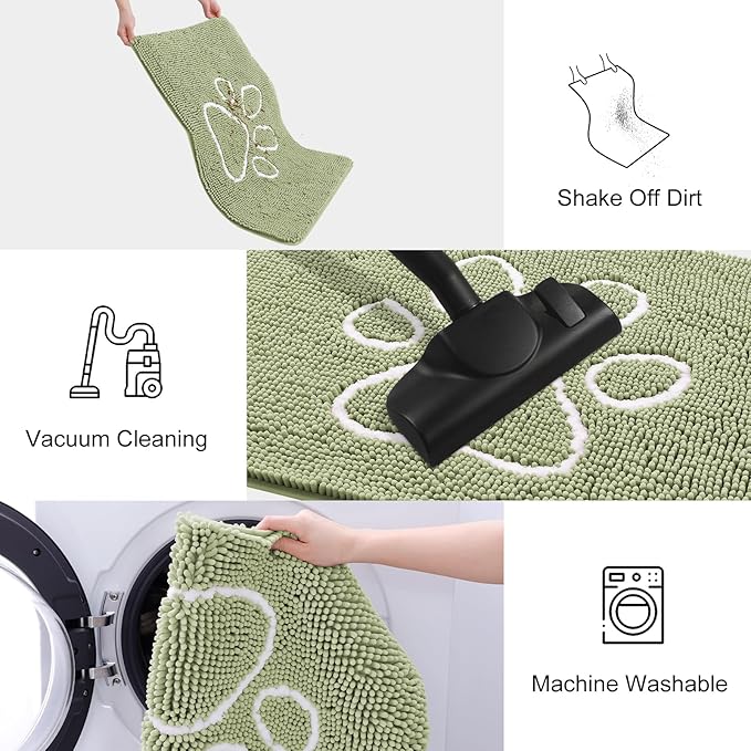 Smiry Dog Door Mat for Muddy Paws, Absorbent Dirt Trapper Non Slip Quick Dry Washable Chenille Mat for Mud Dogs, Entry Rug for Indoor and Outdoor (47x32 Inches, Sage Green and White)
