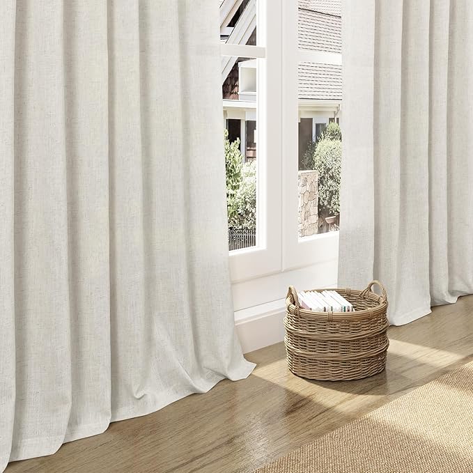 Nanspring Mousse White Linen Curtains 96 Inches Long for Living Room Simple Modern Luxury Light Filtering Semi Sheer Curtain Back Tab Neutral Coastal Decor Drapes for Bedroom Office 52x96, 2 Panels