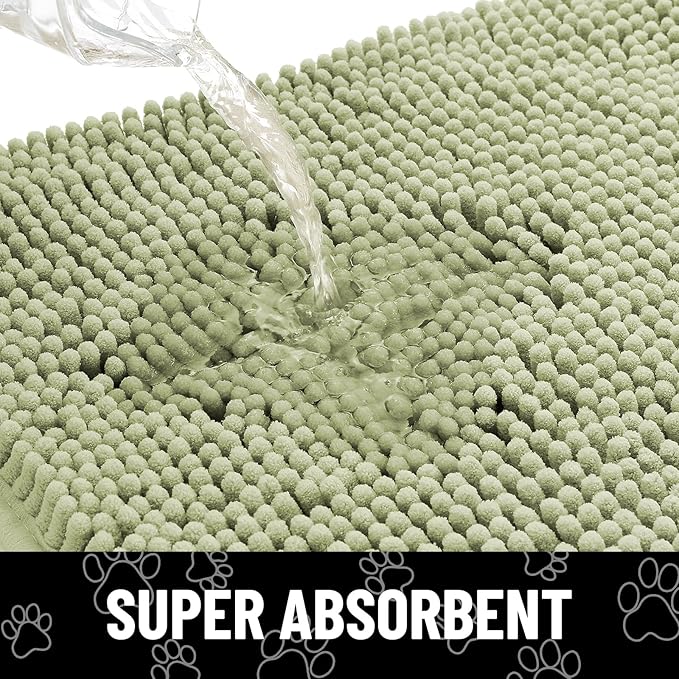 Smiry Dog Door Mat for Muddy Paws, Absorbent Dirt Trapper Non Slip Quick Dry Washable Chenille Mat for Mud Dogs, Entry Rug for Indoor and Outdoor (30x20 Inches, Sage Green and White)