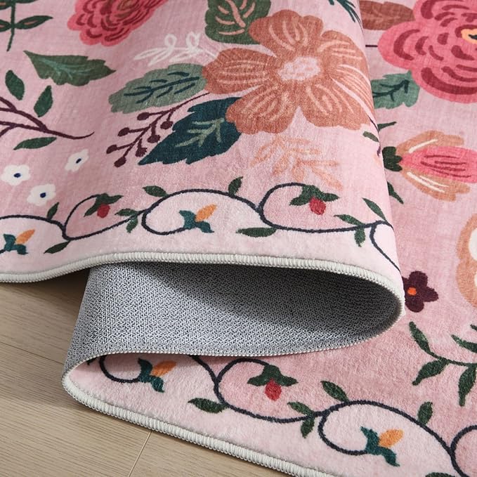 Rugcomf Washable Kitchen Runner 2'7"x12' - Floral Long Hallway Runner Rug Non Slip, Boho Carpet for Entryway, Hall, Bathroom - Pink