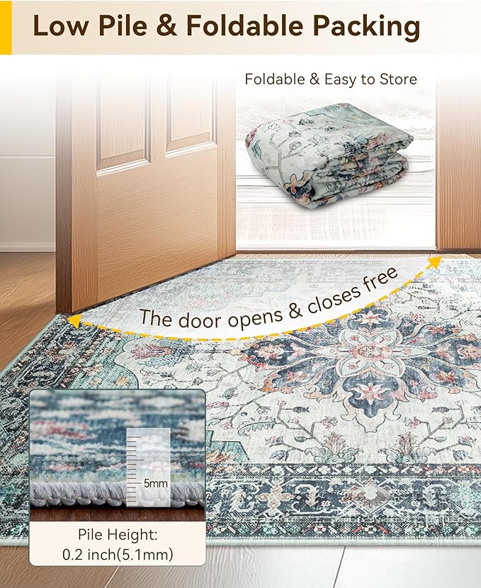 Area Rugs 3'x5' Washable Non-Slip, Floral Vintage Distress Print Pattern Medallion Carpet for Living Room Bedroom Dining Room, Green Navy Blue White Red Teal Colorful