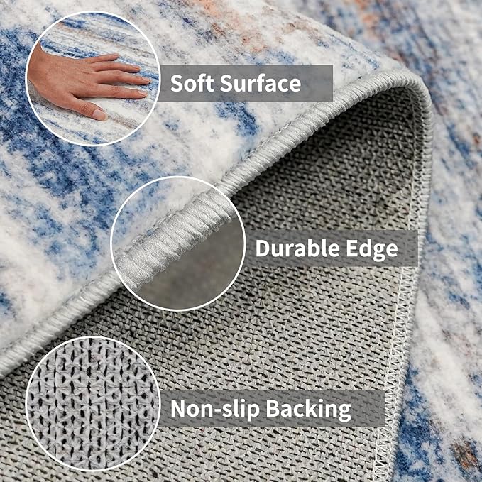 2x12 Washable Runner Rugs for Hallway: Long Abstract Runners for Entryway Dining Room Office - Stain and Water Resistant Rugs with Non-Slip Backing - Soft Low-Pile Carpet Navy Grey