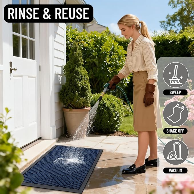 OLANLY Front Door Mat Outside Entrance 35x23, Absorbent, Heavy Duty Sturdy Natural Rubber Doormat Indoor Outdoor, Stain Fade Resistant, Non-Slip Low Profile Floor Mat for Entryway, Navy Blue Diamond