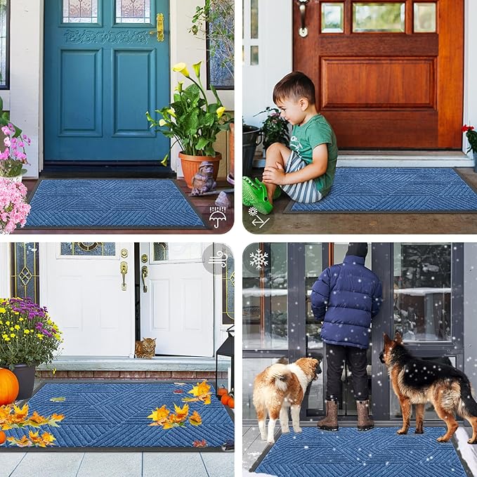 Smiry Front Door Mat Outside Entrance, Heavy Duty Sturdy Natural Rubber Doormat, Trap Dirt and Moisture, Easy Clean Low Profile Welcome Floor Mats for Indoor Outdoor Entry, 71x23 Inch, Blue