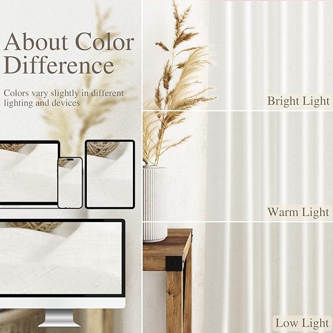 Nanspring Neutral Linen Curtains 96 Inches Long for Living Room Bedroom Modern Farmhouse Decor Light Filtering Curtain Back Tab and Rod Pocket Coastal Decor Drapes for Office 52x96, 2 Panels