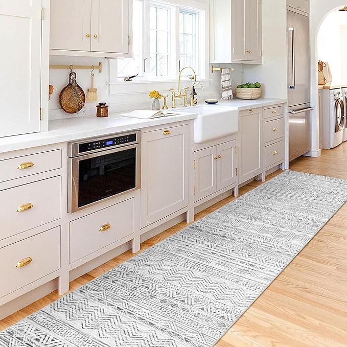 Washable Moroccan 2'6"x12' Hallway Rug - Non Slip Kitchen Runner Rug Soft Bedroom Floor Mat Rubber Backing Rug for Living Room Entryway Farmhouse with Low Pile Carpet 2'6"x12' Gray