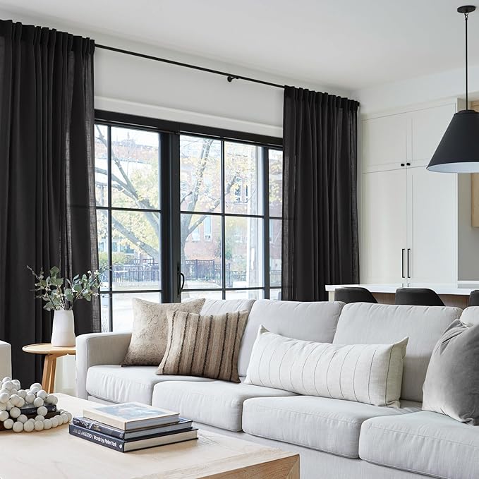Black Linen Curtains 63 inches Long for Bedroom Back Tab Light Filtering Privacy Semi Sheer Black Curtains Living Room Boho Rustic Farmhouse Cotton Textured Gauze Curtain 2 Panel Set