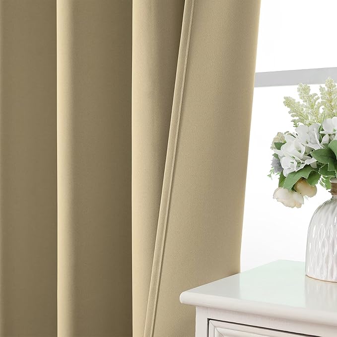 CUCRAF Beige Blackout Curtains 72 inch Length 2 Panels Set, Rod Pocket Room Darkening Drapes for Bedroom Living Room, Insulated Thermal Light Blocking Window Curtain (W52 x L72 Inch)