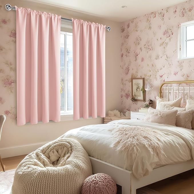 DWCN Blackout Curtains – Thermal Insulated, Energy Saving & Noise Reducing Bedroom and Living Room Curtains, Blush Pink, W 52x L 45 Inch, Set of 2 Rod Pocket Curtain Panels