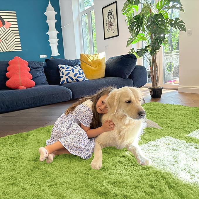 OLANLY Area Rugs for Living Room Bedroom, Machine Washable 4x5.9 ft Soft Fluffy Shaggy Bedside Rug, Indoor Floor Carpet for Kids Girls and Boys, Dorms, Nursery Rooms, Home Decor Aesthetic, Grass Green