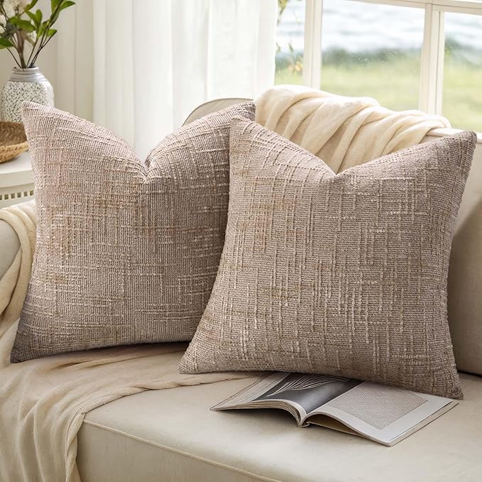 decorUhome Oatmeal Chenille Euro Sham Throw Pillow Covers 24x24 Set of 2 Textured Soft Cozy Slubby Couch Pillow Covers Modern Farmhouse Boho Decorative Pillow Cases for Bed Sofa Living Room