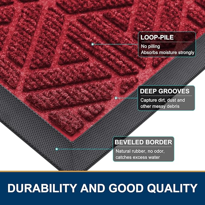 Smiry Front Door Mat Outside Entrance, Heavy Duty Sturdy Natural Rubber Doormat, Trap Dirt and Moisture, Easy Clean Low Profile Mats for Indoor Outdoor Entry, Grid Geometric (35x23, Wine Red)