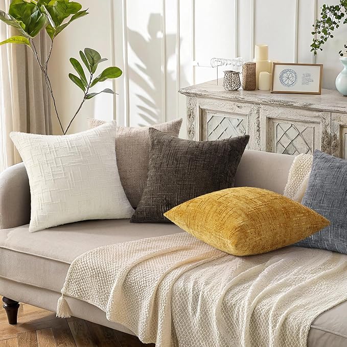 decorUhome Summer Cream White Chenille Throw Pillow Covers 16x16 Set of 2 Textured Soft Cozy Slubby Couch Pillow Covers Modern Farmhouse Boho Decorative Pillow Cases for Bed Sofa Living Room