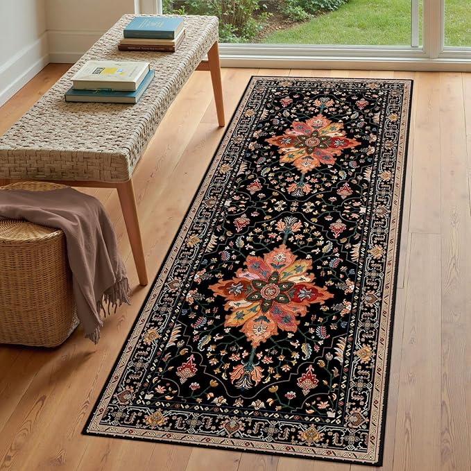 Area Rugs 3'x6' Runner Rug Non Slip Washable for Kitchen Hallway Bedroom Beside Laundry Room Bathroom Rug, Floor Carpet, Black Colorful Floral Dark Tan