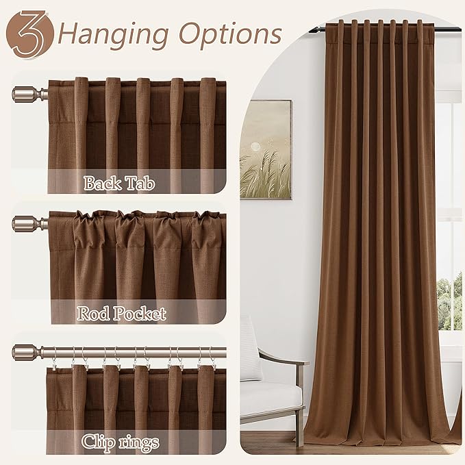 Guken Caramel Brown 100% Blackout Linen Curtains 120 Inch Length 2 Panels Set for Living Room Bedroom Back Tab/Rod Pocket Thermal Insulated Black Out Drapes Room Darkening Farmhouse Window Curtains
